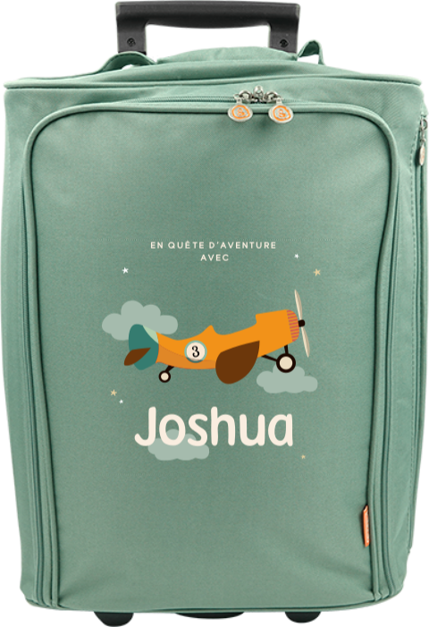 Valise à roulettes avec avion dans les nuages, message et prénom