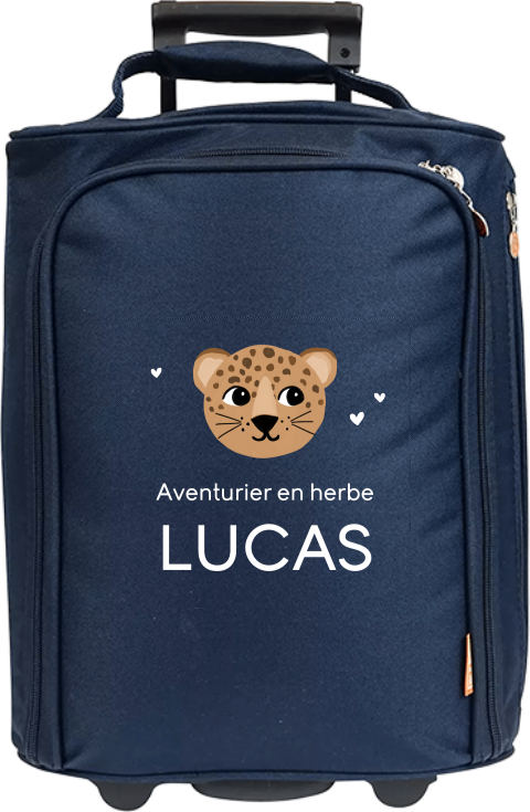 Valise à roulettes avec coeurs, tête de félin, message et prénom