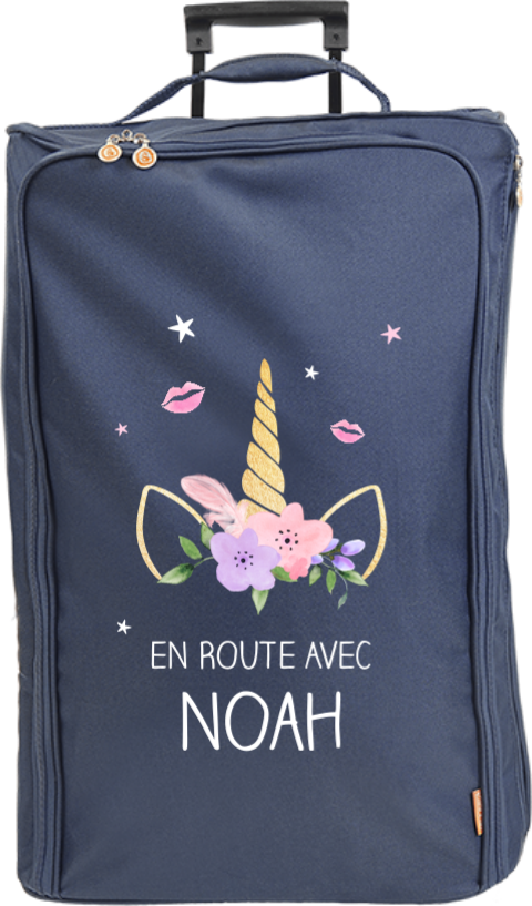 Valise à roulettes avec coiffe de licorne, bisous et étoiles