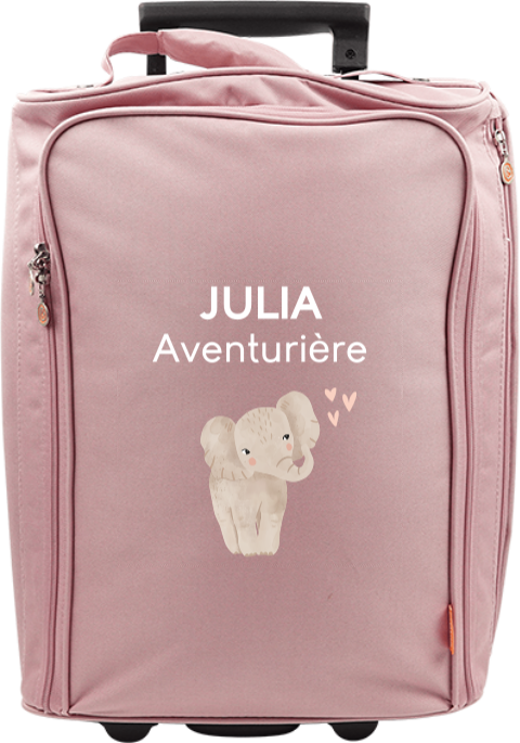 Valise à roulettes avec adorable éléphant, message et prénom