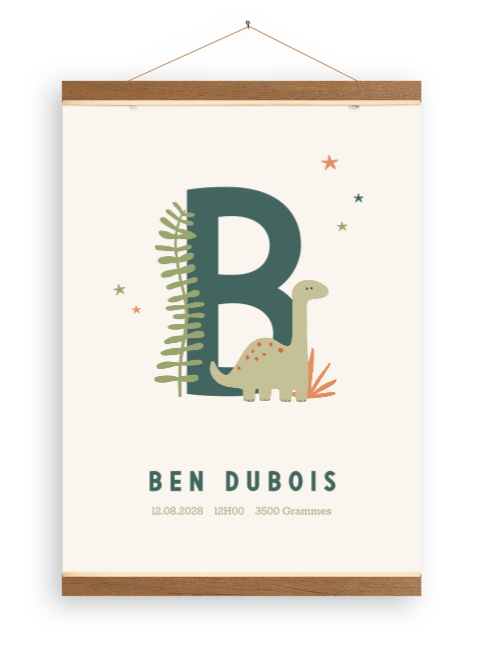 Toile avec dinosaures, initiale et pénom