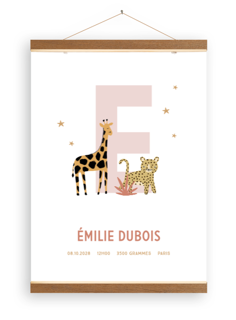 Toile pour la chambre de bébé avec une girafe et un jaguar