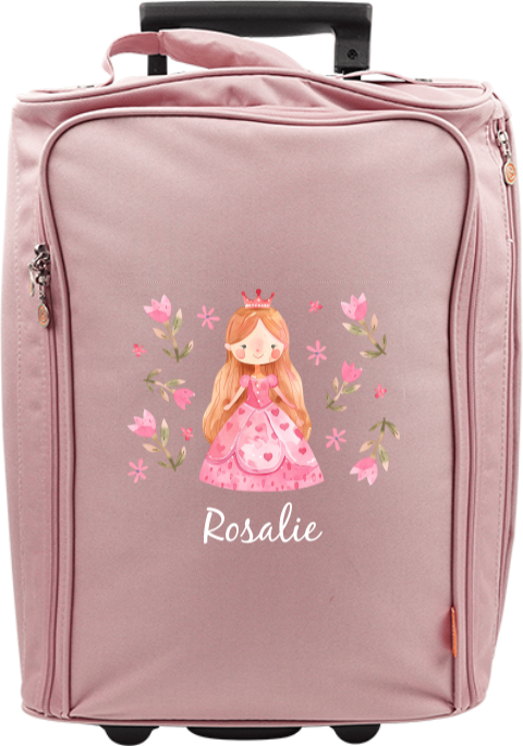 Valise à roulettes avec  fleurs roses, princesse et prénom