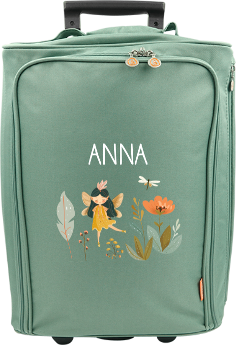 Valise à roulettes avec fée, libellule et fleurs