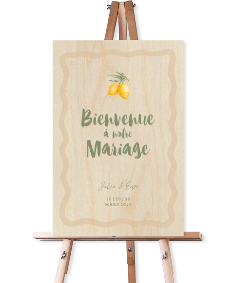 Panneau de bienvenue avec citrons et écriture verte