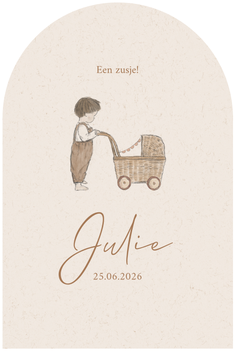 GEBOORTEKAARTJE GROTE BROER EN ZUSJE MET POPPENWAGEN