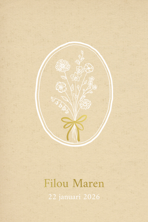 VINTAGE GEBOORTEKAARTJE MET BLOEMEN EN GOUDEN STRIKJE
