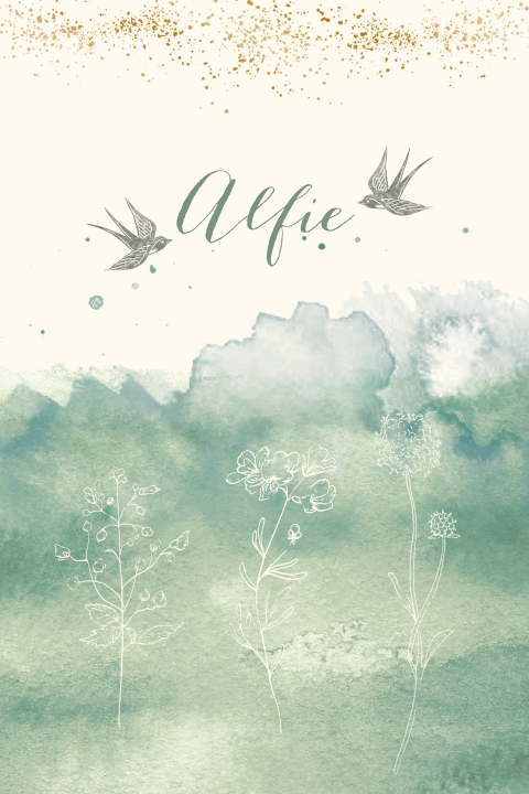 GEBOORTEKAARTJE WATERCOLOR GROEN MET VELDBLOEMEN