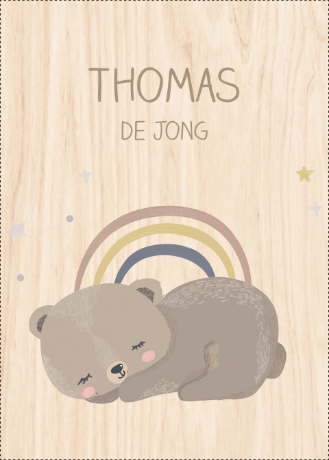 Houten babyboek met naam en slapende beer
