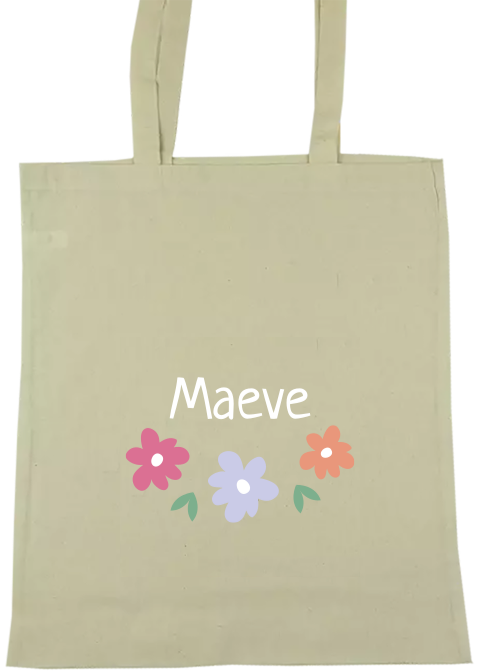 Katoenen tas met naam en drie bloemen
