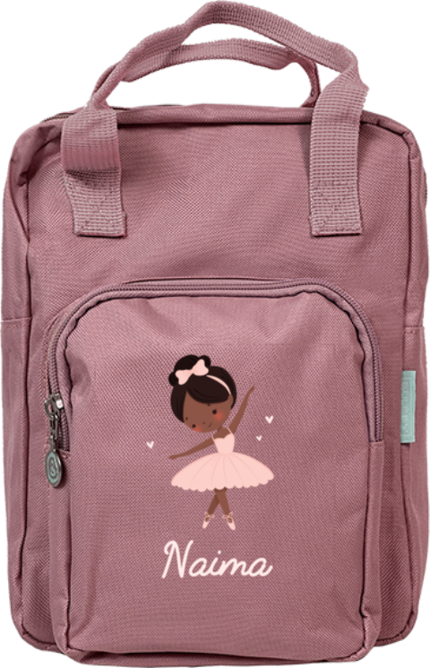 Rugzak classic met ballerina, lichtroze naam en hartjes