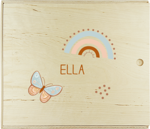 Houten opbergdoos met naam, vlinder en regenboog