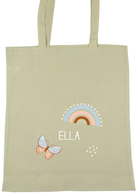 Katoenen tas met naam, vlinder en regenboog