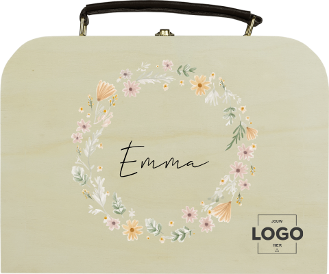 Houten koffertje met bloemenkrans en logo