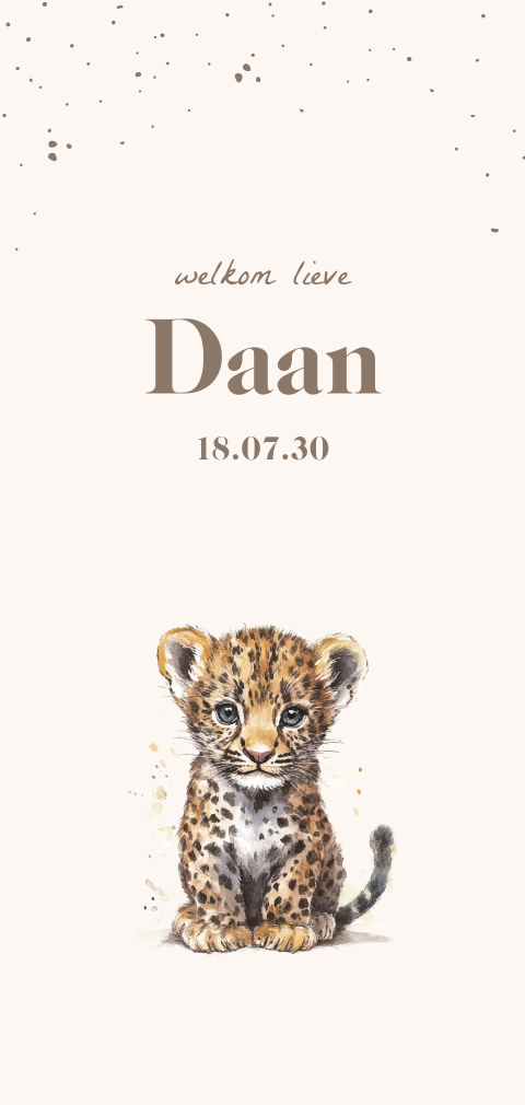 Geboortekaartje met watercolor illustratie baby luipaard
