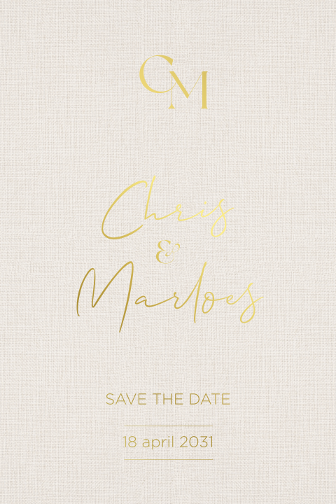 Linnenlook save the date kaart met luxe goudfolie en monogram