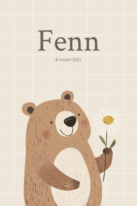 Lief geboortekaartje beertje met bloem beige