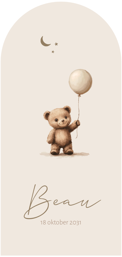 Neutraal geboortekaartje lief beertje met ballon in boogvorm