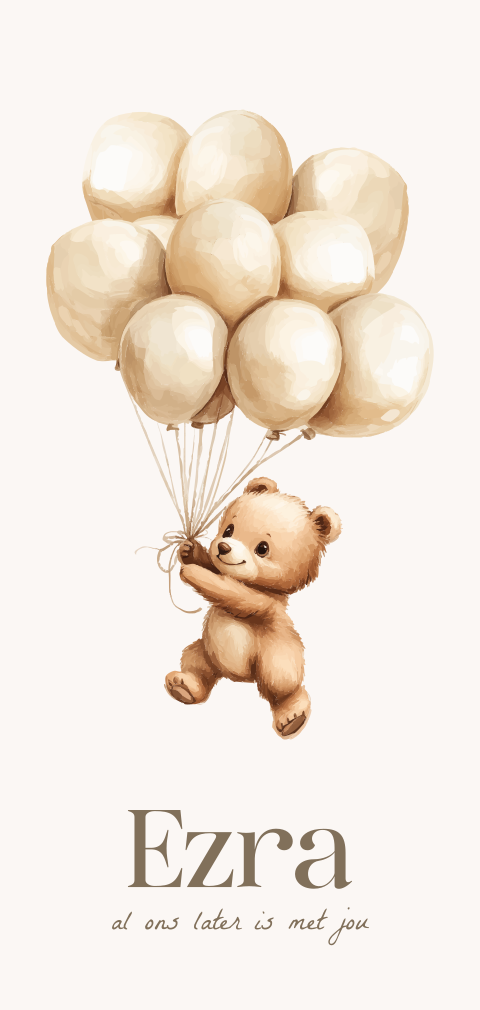 Lief geboortekaartje vliegend beertje aan ballonnen neutraal