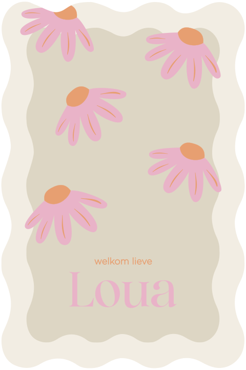Geboortekaartje met golfrand en bloemen roze oranje