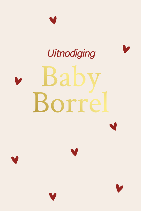 Uitnodiging baby borrel met rode hartjes en goudfolie