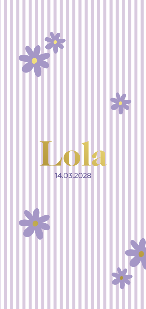 Lila geboortekaartje meisje met bloemen en goudfolie