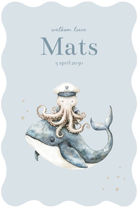Blauw geboortekaartje me golfrand zee walvis met octopus