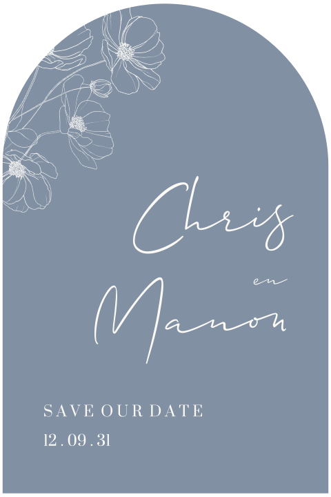 Save the date uitnodiging blauw lijntekening bloemen