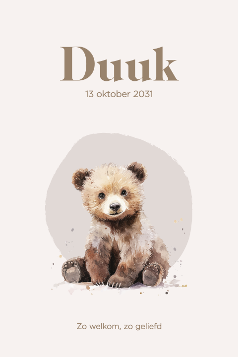Geboortekaartje bruintinten met aquarel illustratie lief beertje