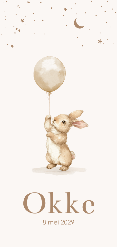 Uni geboortekaartje illustratie konijntje met beige ballon