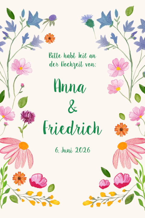 Hochzeitseinladung mit gemalten Blumen in Aquarell - Sommerwiese