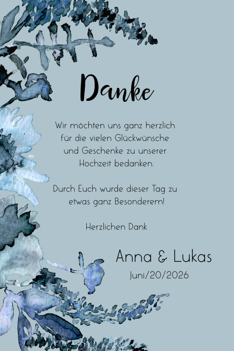 Dankeskarte mit blauen Aquarell-Blumen - Royal Blue