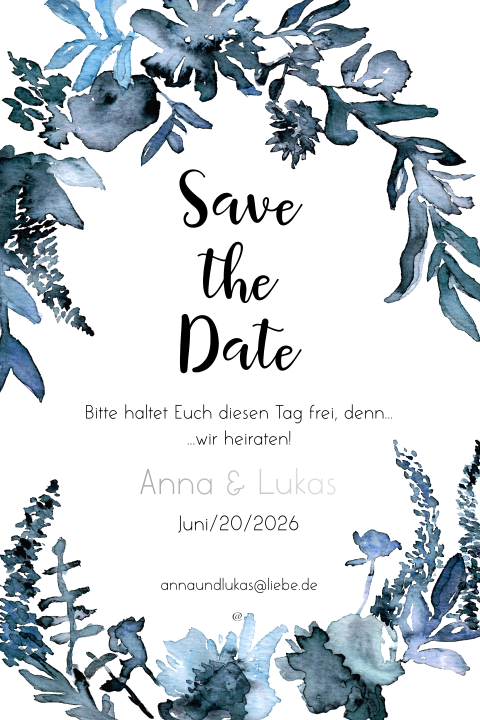 Save-the-Date Karte mit blauen Blumen - Royal Blue