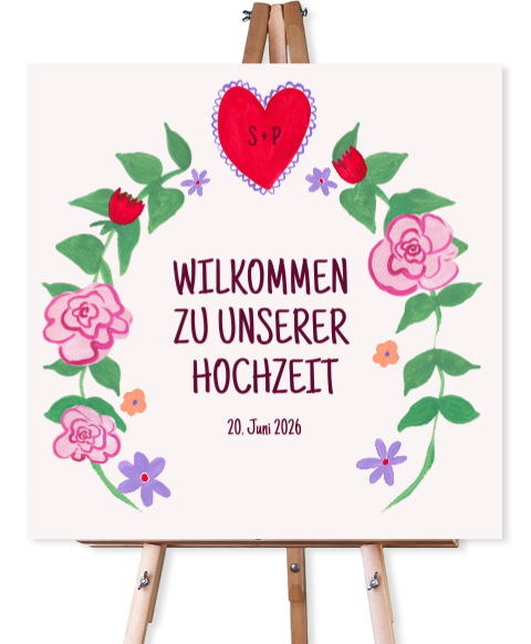 Willkommensschild gemalte Rosen und Herzen - Blumenkranz der Liebe