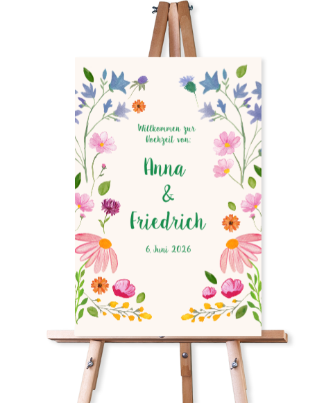 Wilkommensschild mit gemalten Blumen in Aquarell - Sommerwiese