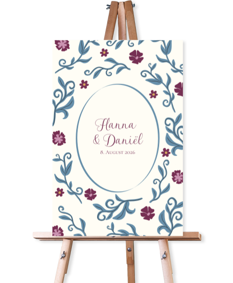 Wilkommensschild Hochzeit - Blumen Blau & Lila - Floral Elegance