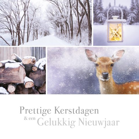 Kerstkaart in winterse sfeer met hert en besneeuwd landschap
