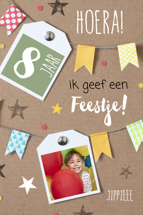 Vrolijke uitnodiging voor kinderfeestje met kraftlook en foto