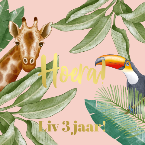 Uitnodiging kinderfeestje met jungle dieren botanisch met goudfolie
