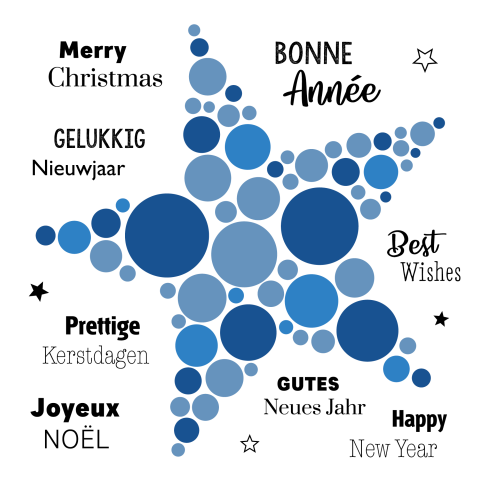 Kerstkaart met blauwe ster en kerstwensen