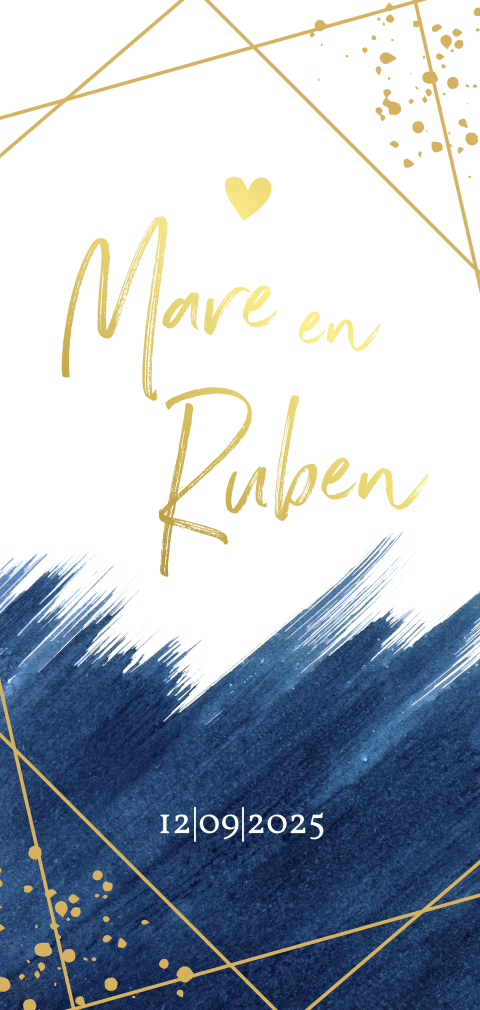 Staande trouwkaart met blauw watercolor en goudfolie