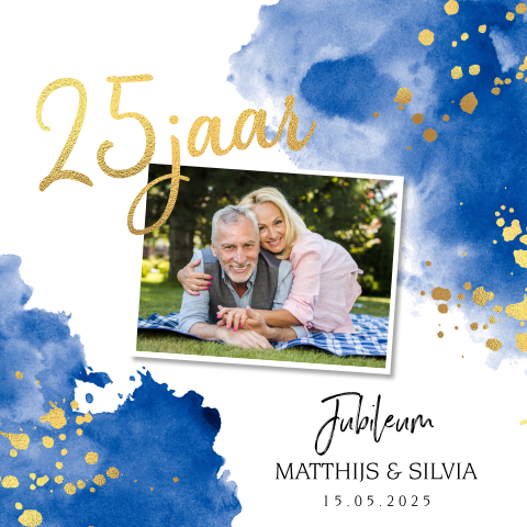 Jubileumkaart watercolor blauw 25 jaar getrouwd goudfolie look