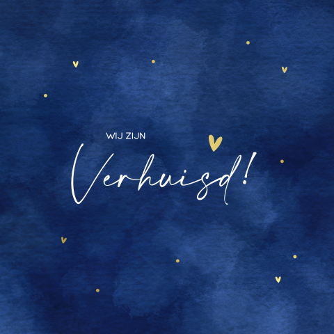 Verhuiskaart donkerblauw watercolor en goudfolie