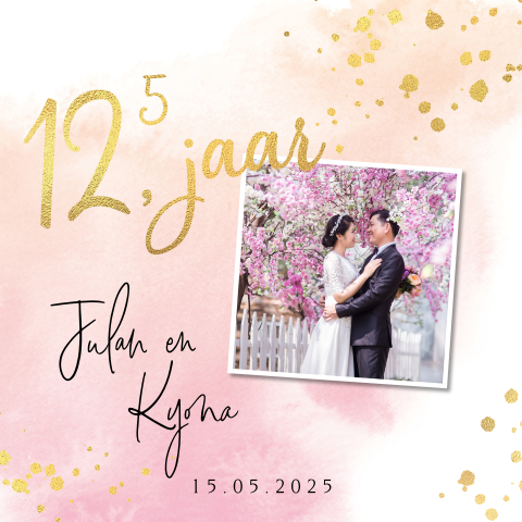 Jubileumkaart watercolor roze 12,5 jaar getrouwd goudfolie look