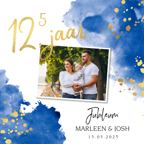 Jubileumkaart watercolor blauw 12,5 jaar getrouwd goudfolie look