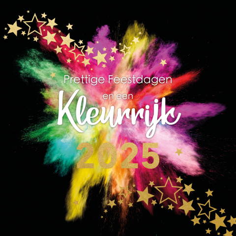 Kleurrijke kerstkaart met kerstwens en goudfolie look