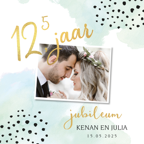 Jubileumkaart stippen watercolor 12,5 jaar getrouwd goudfolie look