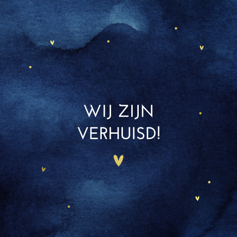 Verhuiskaart met donkerblauwe watercolor en goudfolie