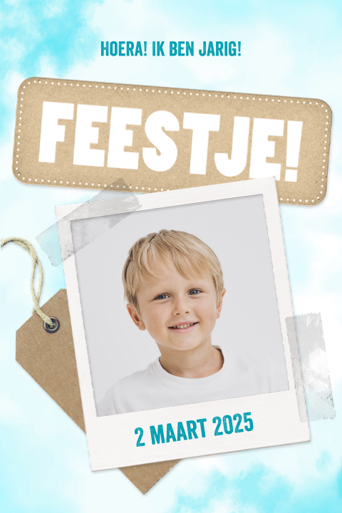 Uitnodiging voor verjaardag met eigen foto in blauw frame