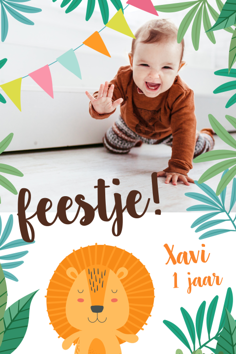 Uitnodiging voor verjaardag met eigen foto en leeuwtje